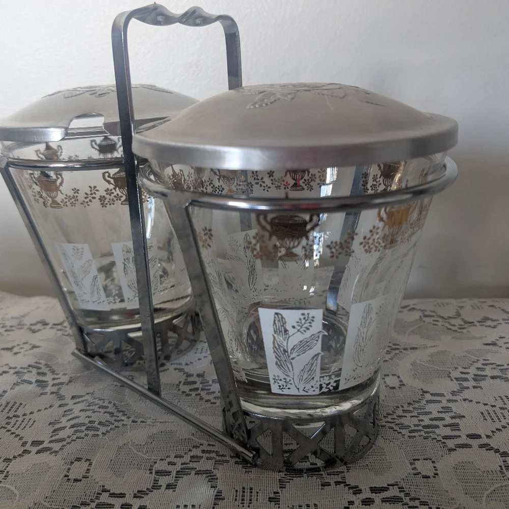 Vintage Libbey Glass Condiment Caddy – 1950s Gold & White Urn Motif Jars - Picture 3 of 5